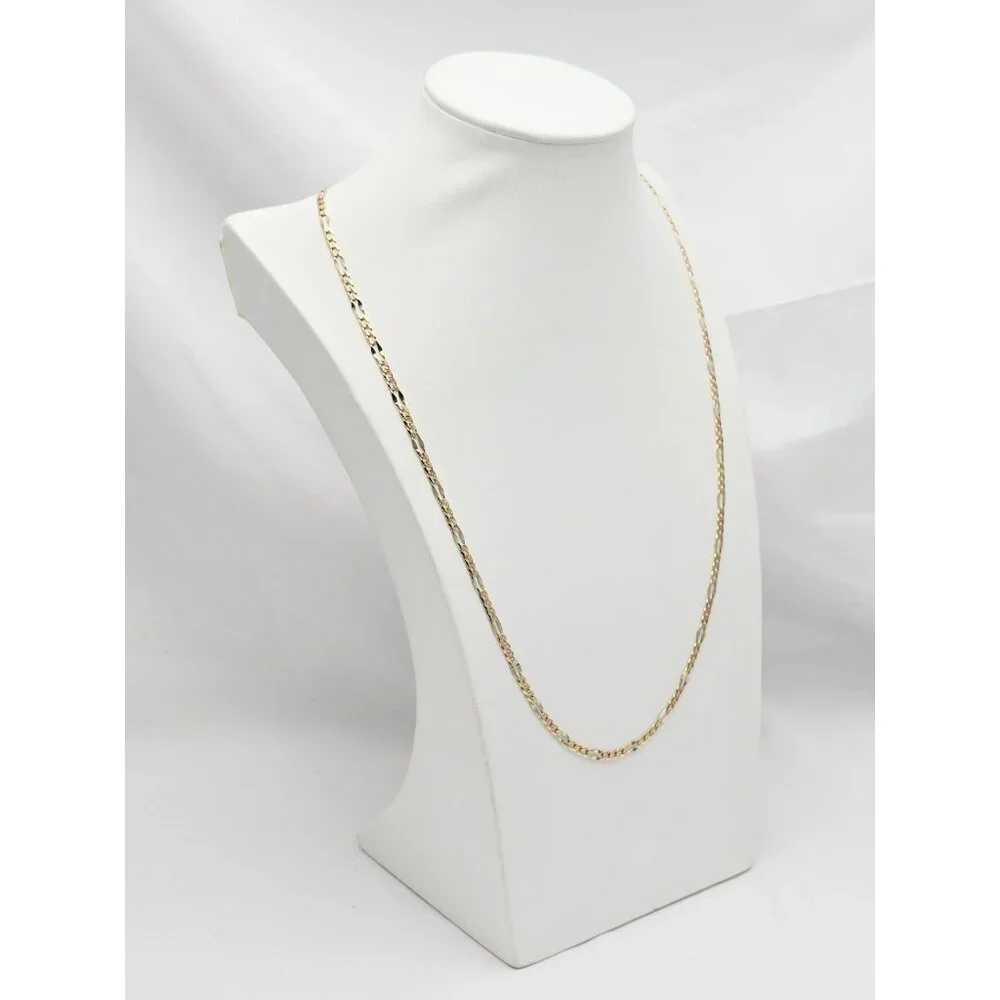 14K Two Tone Multi Color Gold Diamond Cut Figaro Link Chain Necklace - 24.25